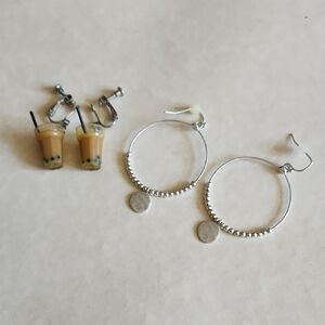 Boba Tea Earrings and Silver Hoop Earrings Set - Novelty Gifting
